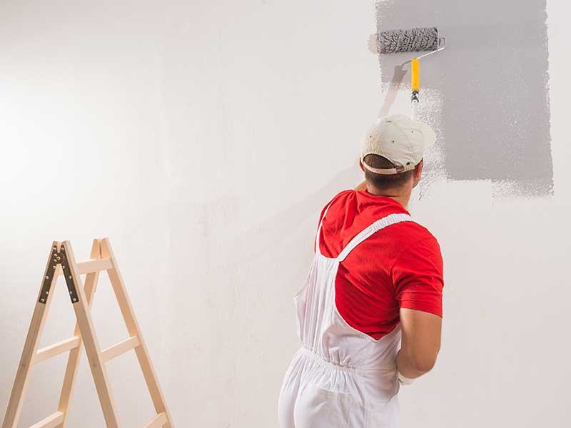 Worker painting a white wall with a new gray color with a paint roller
